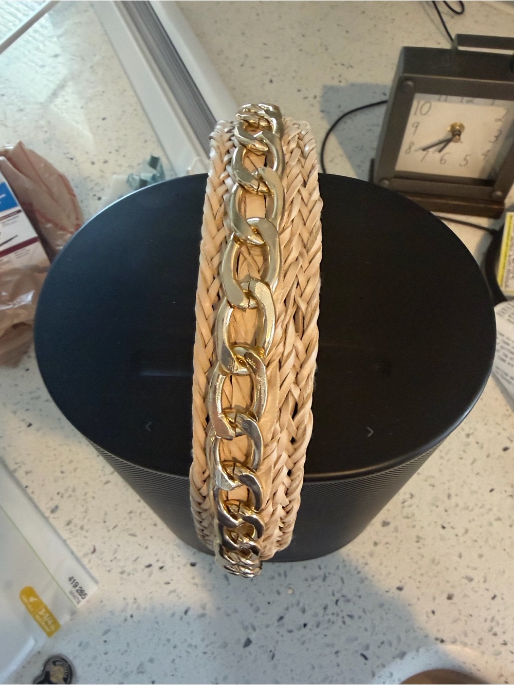 Woven Straw Headband with Gold Chain Accent - Beige